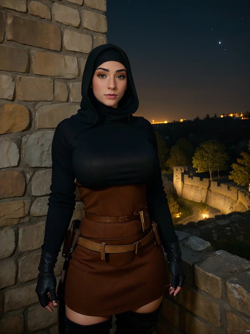 Gorgeous and sultry busty athletic (thin) brunette assassin with sharp facial features wearing a wide hood, black medieval tunic, long sleeves, skirts, trousers, boots, fingerless gloves, crown, modest attire, utility belt, (arm wraps), Middle Ages, castle, rampart, wall, exterior, on top of a castle wall, trees, countryside, nighttime, moonlight.