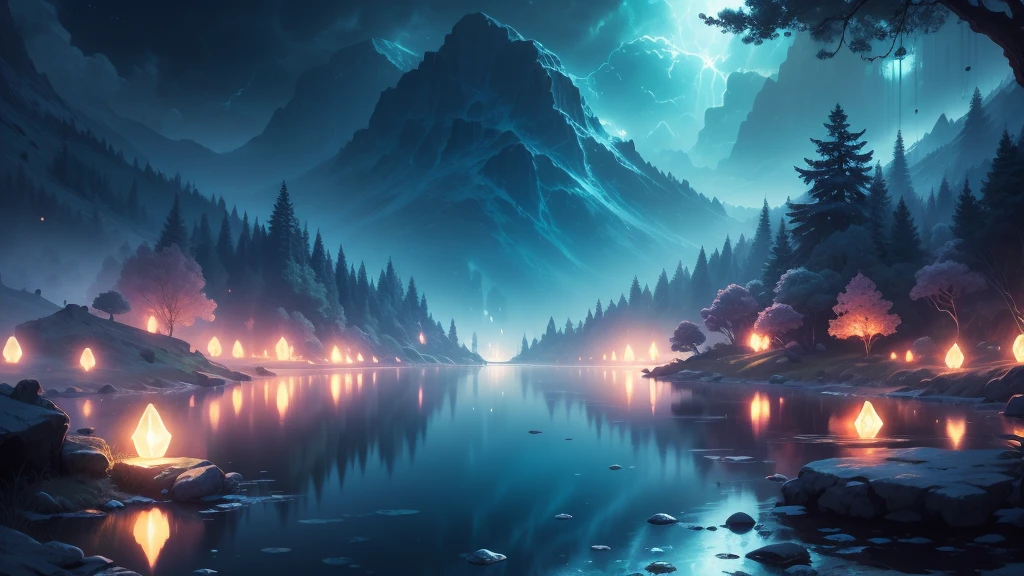 Lake view in the distance,Many super cute slimes,Reflect light,Colored bubbles,Magical Lake,Very detailed,best quality,Soft lighting, Fantasy style, Vibrant colors