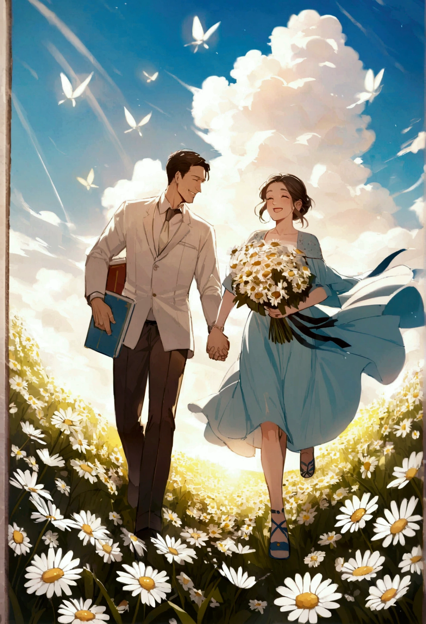 family, Mother, Holding hands with my dad, Running through a chamomile field, smile, Dad has a book in his hand, Mom holds a bouquet of daisies in her hands, The sun is shining, blue sky, White cloud, Butterfly flies