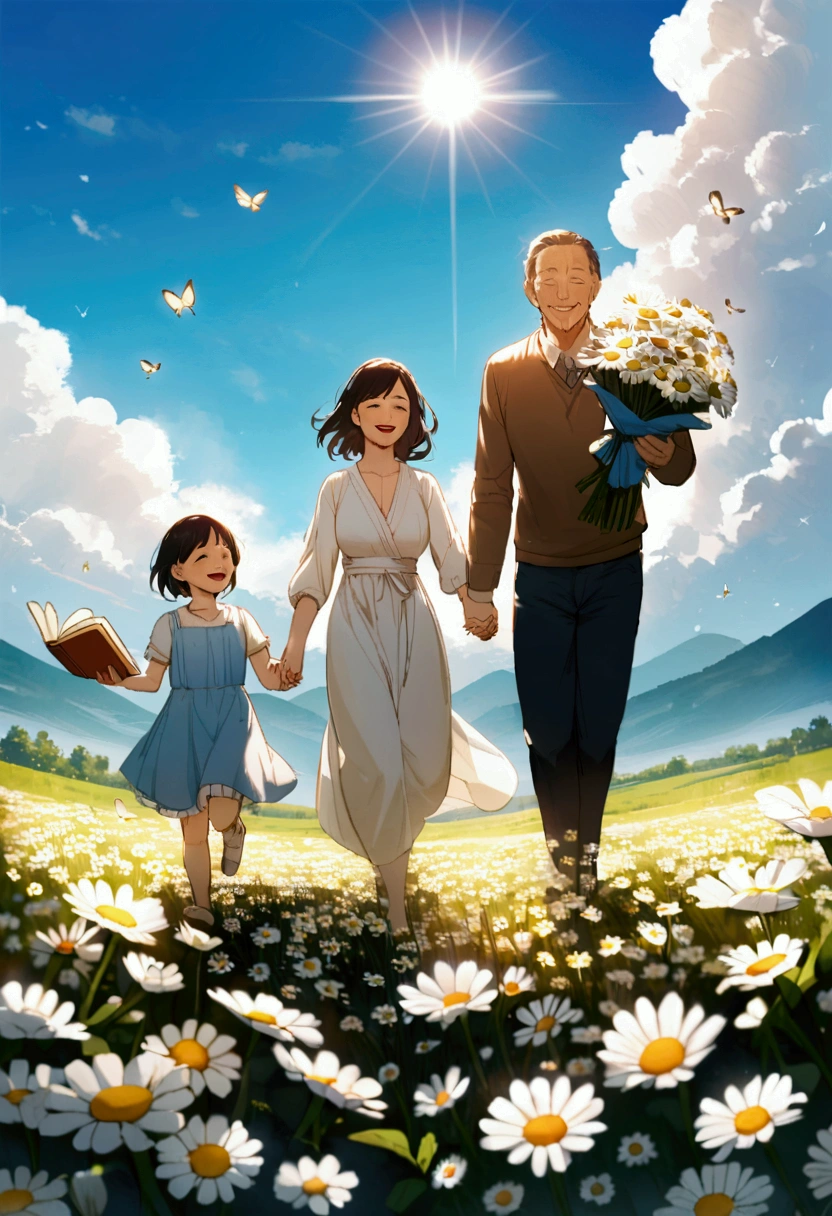 family, Mother, Holding hands with my dad, Running through a chamomile field, smile, Dad has a book in his hand, Mom holds a bouquet of daisies in her hands, The sun is shining, blue sky, White cloud, Butterfly flies