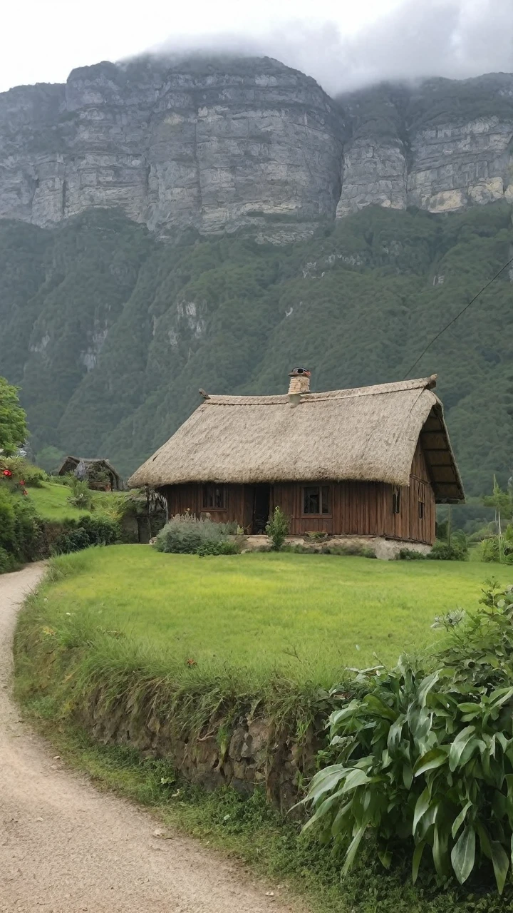 Thatched house at the foot of the mountain