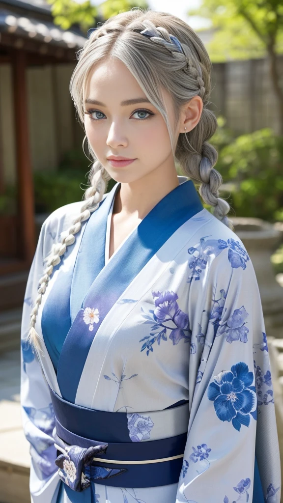 She is a kimono model、Gorgeous floral patterned kimono、Silver hair braids、blue eyes、