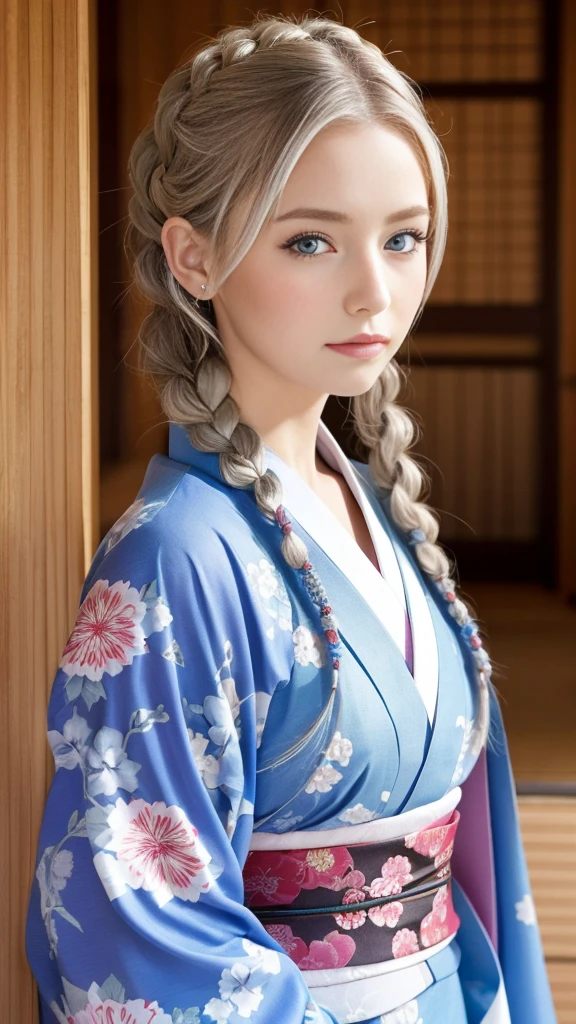 She is a kimono model、Gorgeous floral patterned kimono、Silver hair braids、blue eyes、