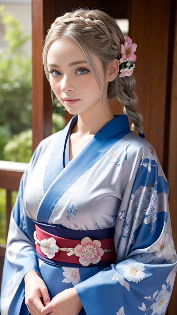 She is a kimono model、Gorgeous floral patterned kimono、Silver hair braids、blue eyes、