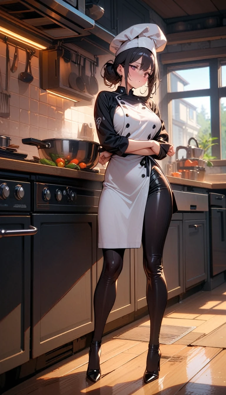 ((best quality)) , ((masterpiece)) , (detailed),1 female,((Dark cuisine)),((kitchen)),Female chef,High heel,((whole body))