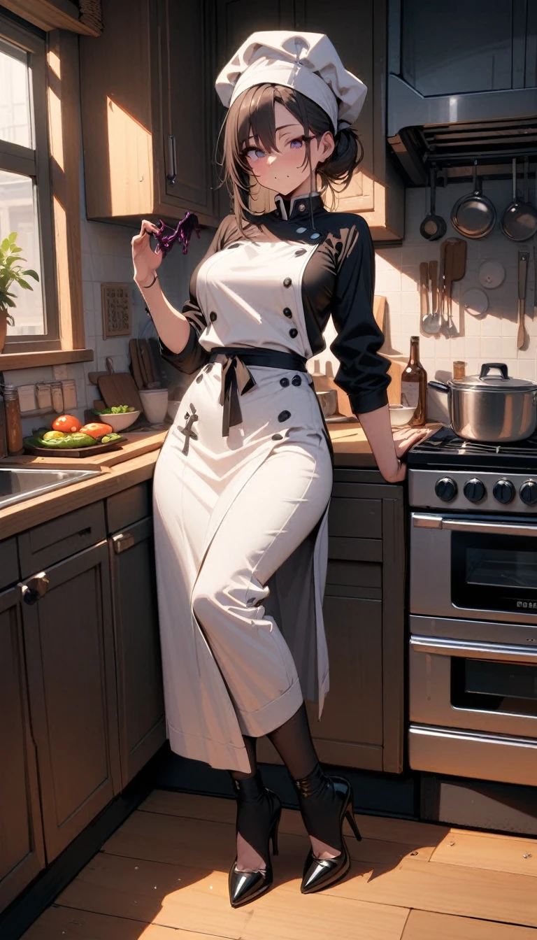 ((best quality)) , ((masterpiece)) , (detailed),1 female,((Dark cuisine)),((kitchen)),Female chef,High heel,((whole body))