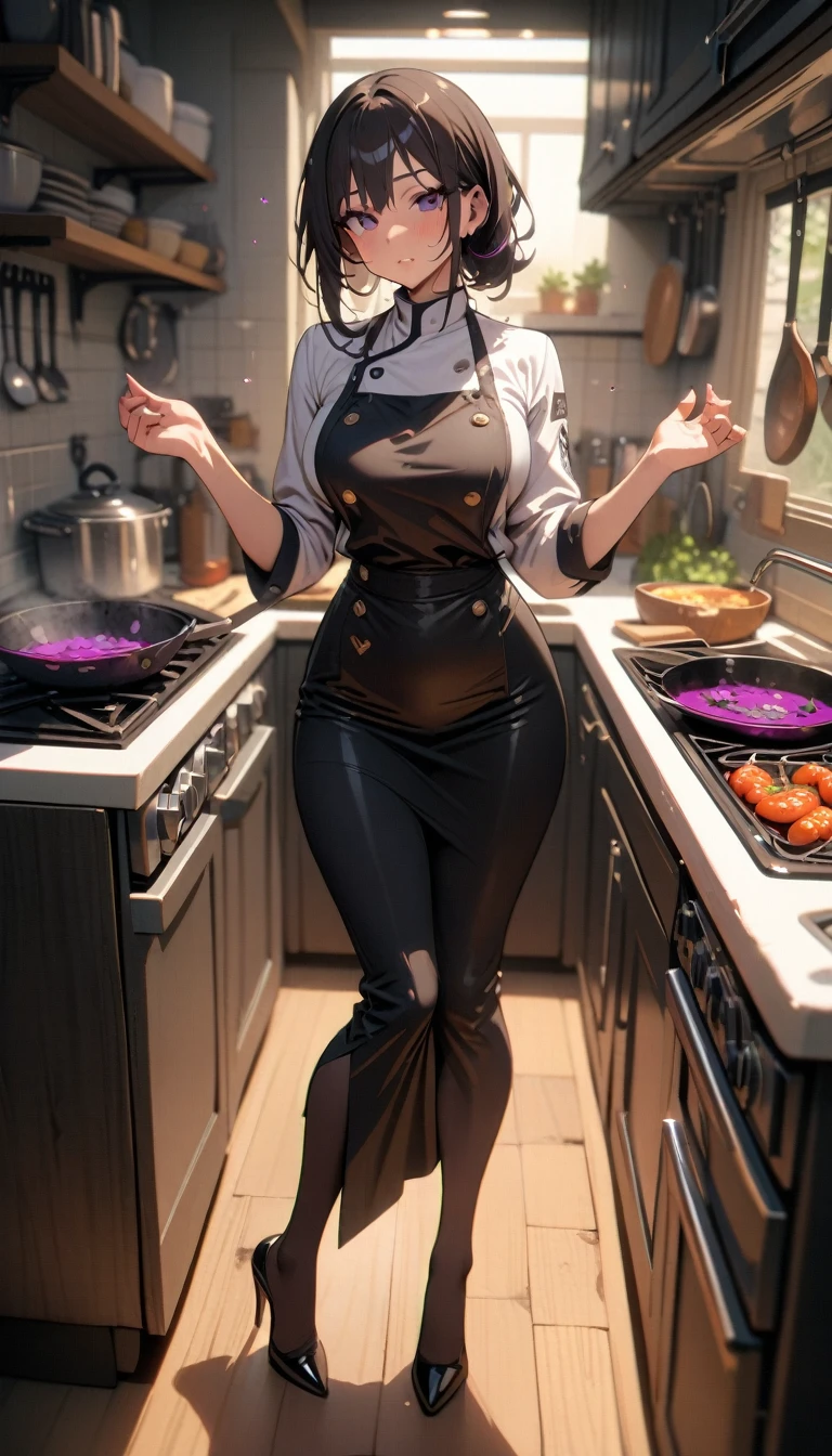 ((best quality)) , ((masterpiece)) , (detailed),1 female,((Dark cuisine)),((kitchen)),Female chef,High heel,((whole body))