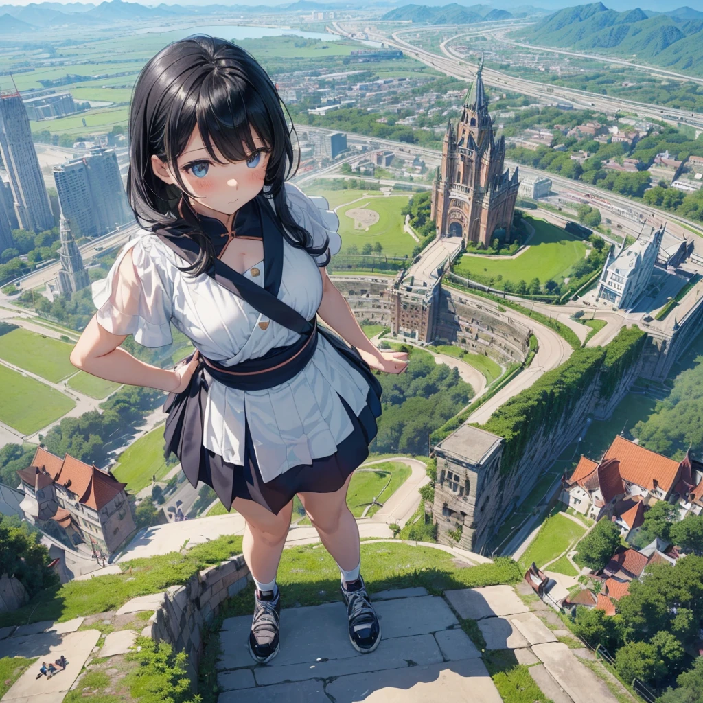 Top view (((炎上して破壊された都市の道路の上にGiant Girlがたっている))) ruins Rubble pile Giant Girl Black Hair skirt sneakers beautiful girl Metropolis