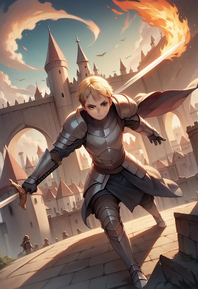 Illustration, detailed illustration, ultra detailed, best quality, dynamic angle, 1girl, lithe, flat chest, beautiful, short blonde hair, green eyes, light freckles, gray armor, castle, action pose, carrying sword, city on fire, monsters nearby 