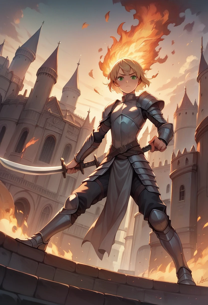 Illustration, detailed illustration, ultra detailed, best quality, dynamic angle, 1girl, lithe, flat chest, beautiful, short blonde hair, green eyes, light freckles, gray armor, castle, action pose, carrying sword, city on fire, monsters nearby 