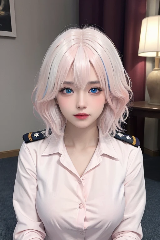 (masterpiece), (high quality), (8K resolution), (RAW photos), (best quality), (masterpiece:1.5), (Practical:1.5), ((photo Practical)), Vivid details, hyper Practical,1 Girl, (Lovely:1.2), beautiful, high quality、Delicate face, Perfect face, (White hair and light pink hair:1.4), Red face, Delicate eyes, (blue eyes),Colored eyes,(Big watery eyes),National Foundation,, slim body, Looking at the audience, Shut up, Real human skin, Glowing skin, Medium Breast, ((Uniforms)), sit, floor,