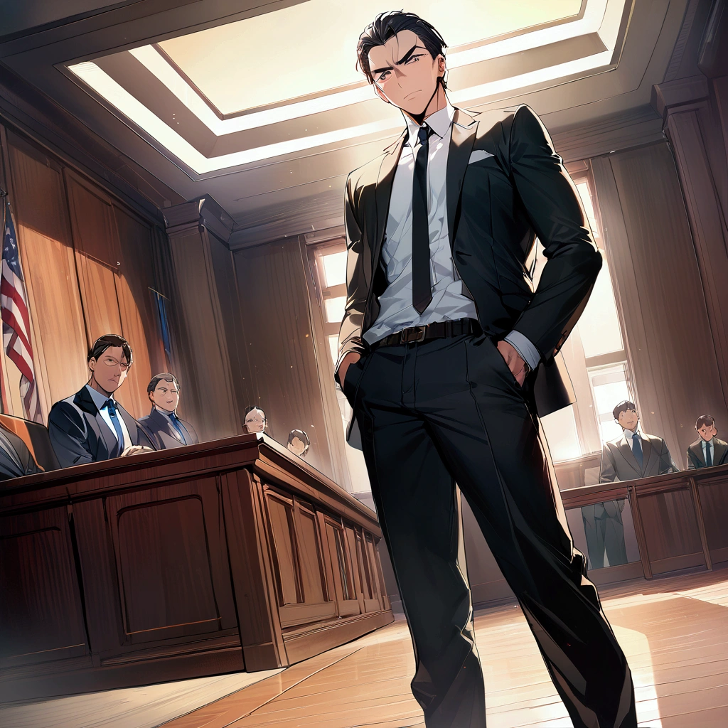 Masterpiece:1.1,Highest quality,8k,official art,courtroom,1boy,a lawyer is talking enthusiastically,standing,evil smile,troubled eyebrows,Bright fluorescent lighting,looking at viewer, dynamic angle,one hand up,one hand on hip,