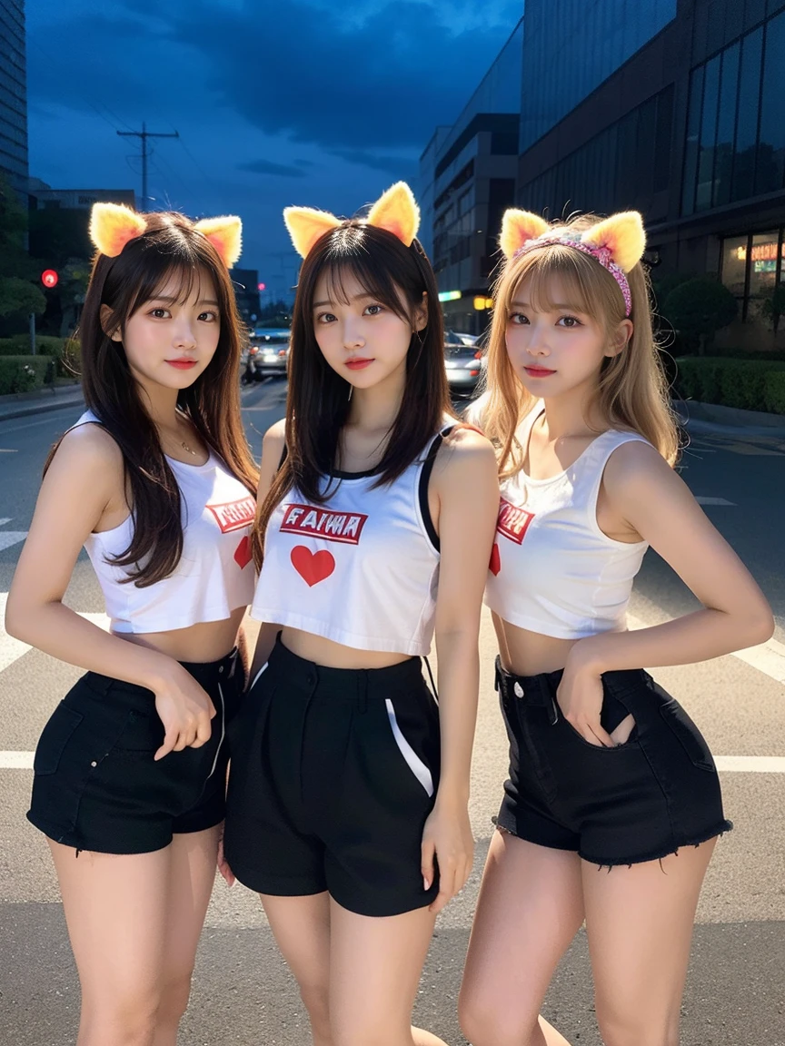 4 girls、Four Girls(cute、Random Face、Young Japanese)、Four Girlsが並びます、最high quality, masterpiece, 32K、Very detailed、Realistic、Japanese women、Cute Face, (photo Actual:1.3),Medium Hair(Blonde Hair Color、Great brown hairstyles)、Edge lighting, (Skin with attention to detail:1.2), 8k超High resolution, Single-lens reflex camera, high quality, High resolution, 4K, 8k, Optimal ratio of four fingers to one thumb, (Actual:1.3), cute 4 girls, Realistic、Super Realistic、32K、Very detailed、masterpiece, 最high quality, beautiful girl, beauty、Mecha, Beautiful lighting, (Neon Light:1.2), (night:1.5), K-Pop Idol Costumes、Sleeveless outfit、Shorts、Large Breasts(big 、There is a valley)、Swiss flag t-shirt、Red and white cheerleader skirt、Fox ears headband、Are standing、Cyber Neon、Future City、Skyscraper、都会のnight、Shanghai、big cities、night景、綺麗なnight景