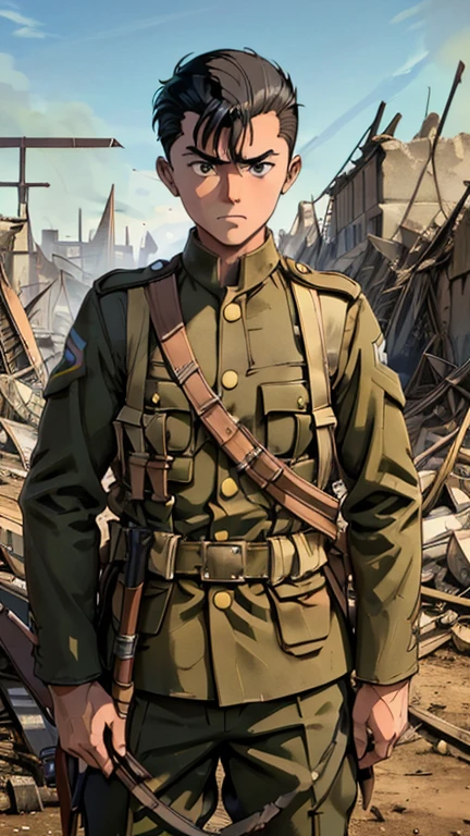 (Teens:1boy: Tintin,yusukeurameshi), (extremely detailed CG unit 8k wallpaper),(master part), (best quality), (ultra detali), (best illustration),(melhor ombre), cowboy shot, (Sharp eyeliner, ombre, detailed eyes:1),  war torn ruins background,break , (ww1brit:1.2), upper body,short hair, black hair