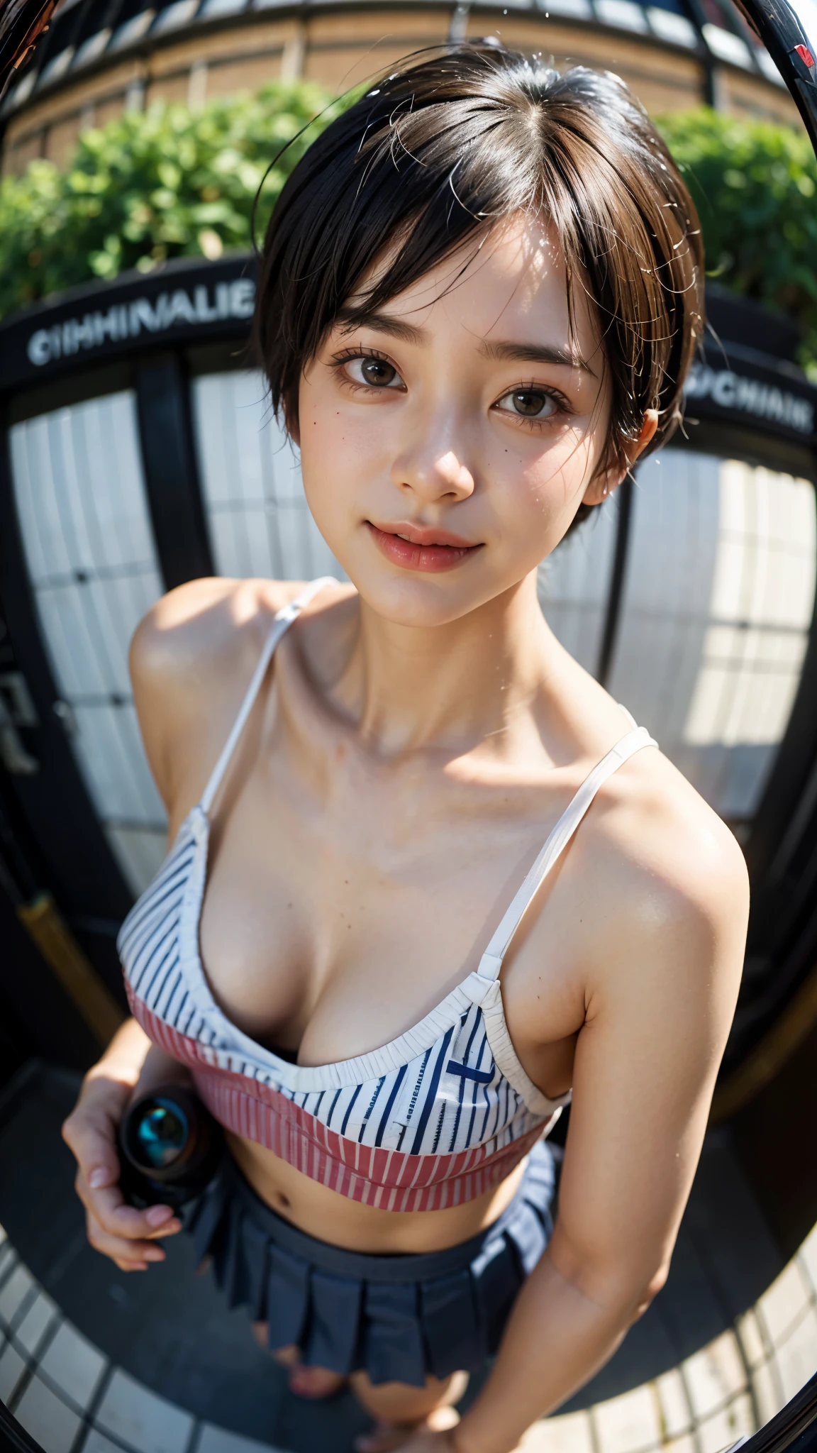 Highest quality, masterpiece, Ultra-high resolution,8k, (Realistic:1.6), (Close-up portrait:1.4) RAW Photos,((Omotesando Station))、 ((Nipple erection)),((Bikini baseball shirt,Pleated mini skirt)),((Nipples seem to be visible)),((Full body photo)),1 person,Omotesando,A slim 26-year-old adult woman,(Full of smiles, )) ,((Pixie cut and cap)),((New Era Cap)),((Looking up at the audience)),Face Focus:1.4,((Shooting from above with a fisheye lens:1.4)),