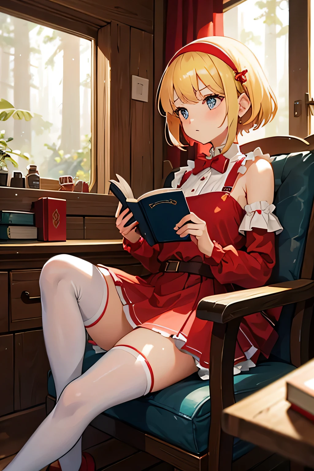 girl,She lives in a world of stories,Blonde Hair,Red Dress,Exposed shoulders,Red mini skirt,Thighs,White knee-high socks,Red headband,short hair,I have a book,Flying Books,Moonlight,She is reading a book in a small cabin in the forest.。,Log house,High quality,She looks a little sad