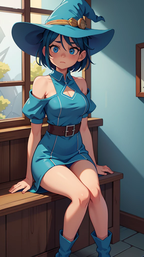  medium breast, Short blue hair. She has blue slanted eyes. Straight hair to the shoulder wearing a large witch hat. Wearing aqua blue laytex outfit with knee high heel, dark castle interior background, sitting on the window sill 