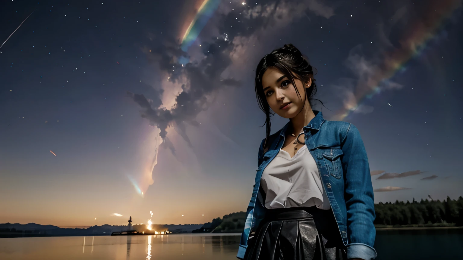 Türkü Su Demirel, 25 years old, denim jacket, leather skirt, bun hairstyle, another world in the sky, hands behind the back, lake background, shooting star, watching the camera, closeup, close-up, iridescent clouds, sun on the horizon, BREAK fire rainbow, Circumhorizontal Arc, BREAK, FREE CURLY HAIR, BREAK