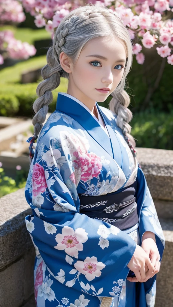 She is a kimono model、Gorgeous floral patterned kimono、Silver hair braids、blue eyes、