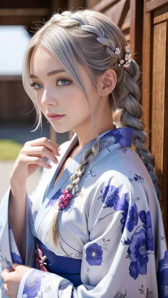 She is a kimono model、Gorgeous floral patterned kimono、Silver hair braids、blue eyes、
