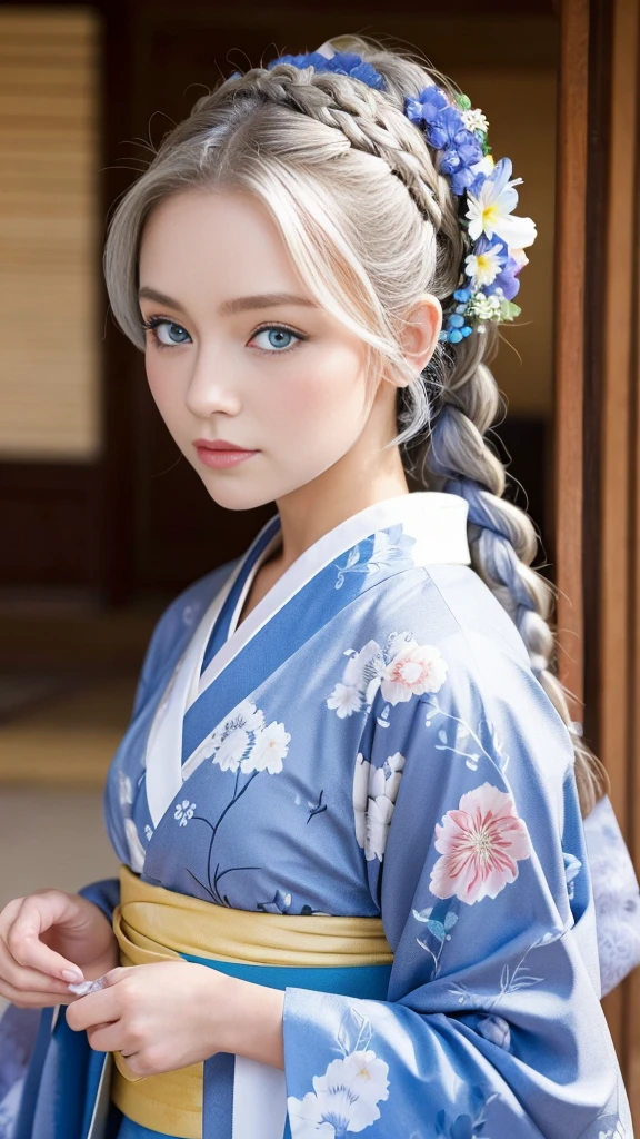 She is a kimono model、Gorgeous floral patterned kimono、Silver hair braids、blue eyes、