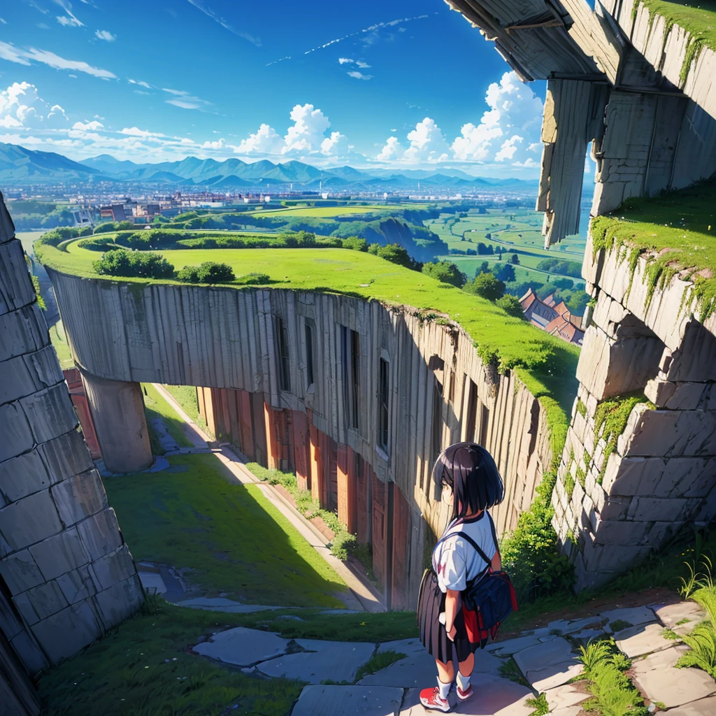 Top view (((炎上して破壊された都市の道路の上にGiant Girlがたっている))) ruins Rubble pile Giant Girl Black Hair skirt sneakers beautiful girl Metropolis