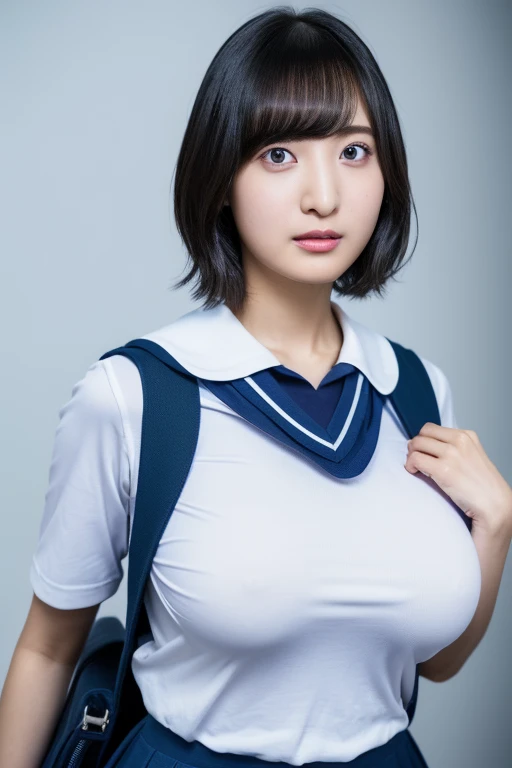 ID portrait photos,(medium shot:1.4),sakura ayane,Ayane Sakura,short hair,cinematic photo:1.4,(upper body:1.4),(best quality, 8K, masterpiece, ultra-high resolution, realistic:1.4),(realistic skin),beautiful detailed eyes and face, masterpiece,looking at the viewer,luxury hair,gorgeous detailed face:1.2,beatiful detailed eyes:1.2,,(tight school uniform:1.4),(((gigantic breasts))),(Glowing Skin:1.4),Nipples showing through clothes:1.4,correct Anatomy,Deep depth of field,very surprised face,front view shot,Away from the reference frame:1.4,tight skirts,holds school bag, carry a bag on one's shoulder,
