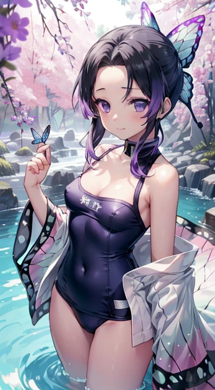 School Swimsuit, Browsing Caution, Small breasts, topless, Very fine and beautiful pink nipples, Pointed nipples, side, Ultra-realistic 8K CG,masterpiece,((Highly detailed background,Delicate pattern,Intricate details)),The best quality in the best condition,とてもとてもとても詳細なface,Mountain stream, Sunlight filtering through the trees, Highly detailed eyesとface,Highly detailed eyes,kochou shinobu,Multicolored Hair,No bangs,Hair Intake,team uniform, Purple eyes,Haori,butterfly,band,(熱band庭園:1.2),Purple Flower,mostly cloudy null,Light of the sun,Tyndall effect,slope_null,face,beautiful null,Sabre on waist,Seductive posture,(Large Breasts:1.3),(Cleavage:1.3),(Off-the-shoulder outfit:1.6)