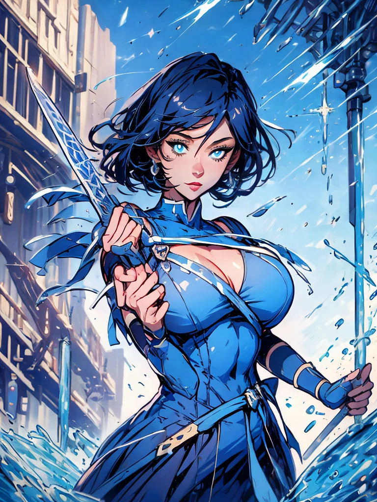 Sailor mercury,Sexy goth woman big breast, character sheet,inside a pool,High Resolution, Large breasts, cyber samurai sailor suit
,ice swords
,blue lipsSolo, Looking at viewer, open chest,