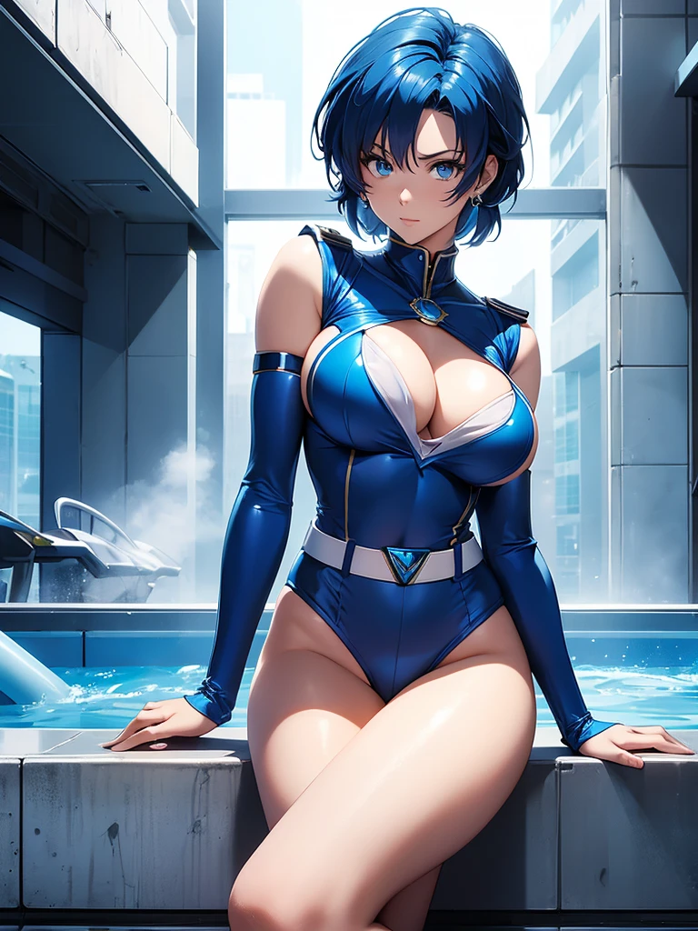Sailor mercury in full police suit,long blue hair,Blue Power Ranger, hurricane ,Sexy goth woman big breast, character sheet,inside a pool,High Resolution, Large breasts,