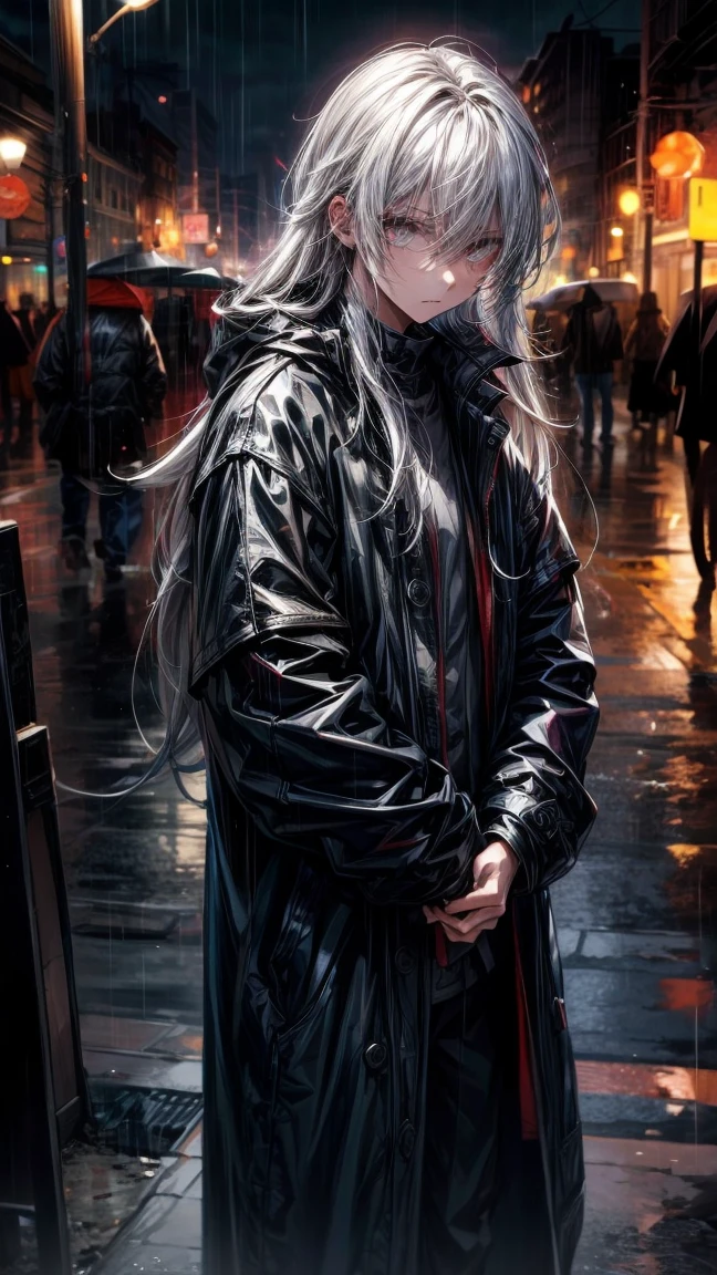 1（boy）,（black）long hair,of the night city,rain,coat,Hands in pockets,Always very lazy,world-weariness,There is it in the hair（White）（Different hair types）of（Highlights）,Turn your face slightly,mystery
