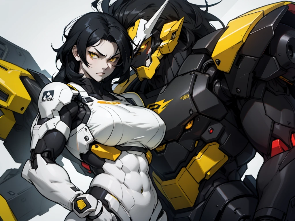 muscular girl large breasts black hair yellow eyes pale skin sad mecha musume
