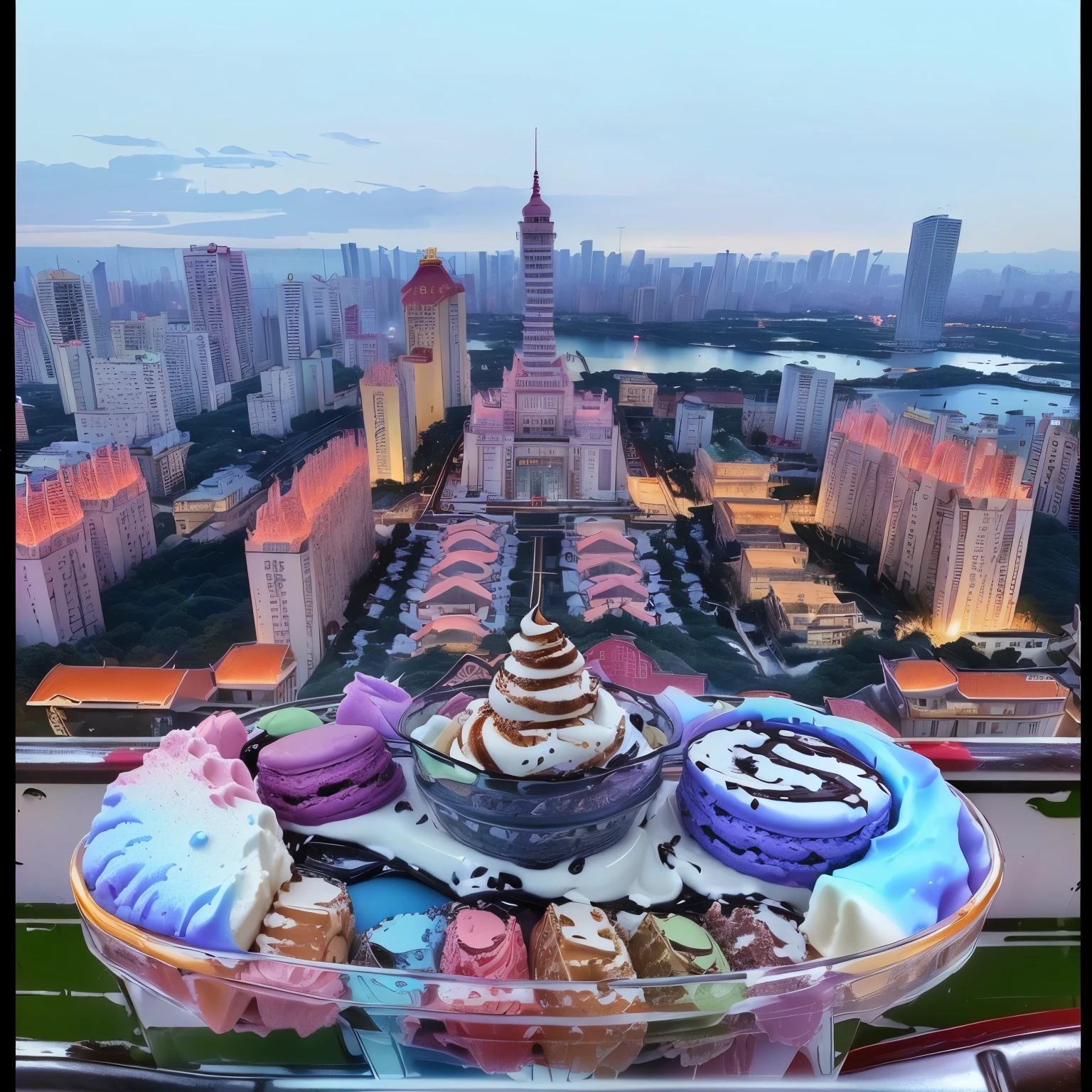 Melted ice cream,Chinese building made of macaron-colored ice cream,Summer colors