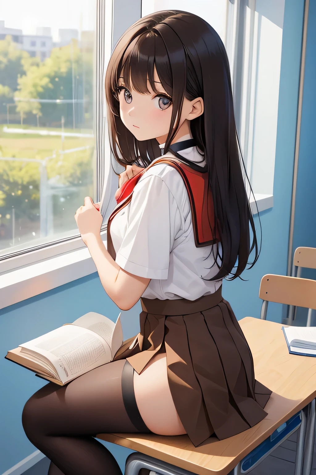 until, Best Quality, ultra high resolution, 1 girl, seventeen years, Preparatory, sitting at a desk, dark brown straight hair, raised fringe, very raised to one side, Brown eyes, beautiful, surprised expression looking towards the camera, side view, turning to the front, School uniform, red vest with yellow accents, white collared shirt without bow or tie, white plank mini skirt, Black choker, pose, with an open book in his hands, half body shot, sit on the edge of the window, good quality background, clear, school window and mid-morning blue tape.