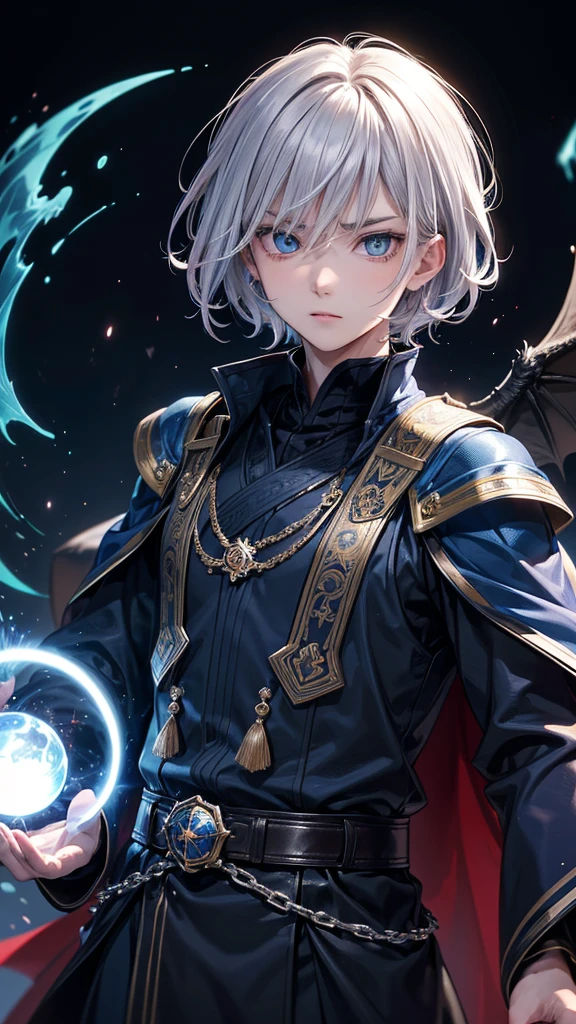 (Highest quality,Very detailed,High resolution:1.2),One adult male,Silver Hair,The most beautiful young man in human history,(1 photo from the front)、Dark blue eyes (Dark blue eyes:1.1),さみし気なaura(aura:1.1),(mysterious,Ghostly:1.1) atmosphere,Looks like half a demon,(Demonic traits,Demonic traits),(Elaborate,wonderful) ,Strong body、Shortcuts、Use magic、auraが漂う、Cape、Powerful、Confident expression、Are standing、Very Short Hair、Hair in transverse divisions、Perm、Sharp Eyes、Angry、Throws glowing blue fireballs