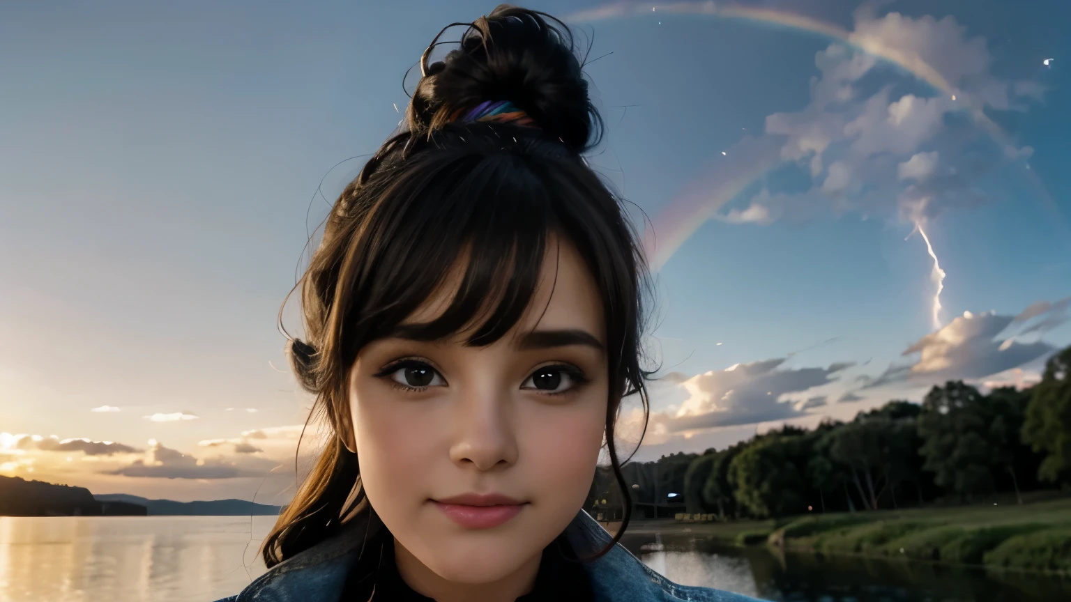 Karen Carpenter, 25 years old, denim jacket, leather skirt, bun hairstyle, another world in the sky, hands behind the back, lake background, shooting star, watching the camera, closeup, close-up, iridescent clouds, sun on the horizon, BREAK fire rainbow, Circumhorizontal Arc, BREAK, FREE CURLY HAIR, BREAK
