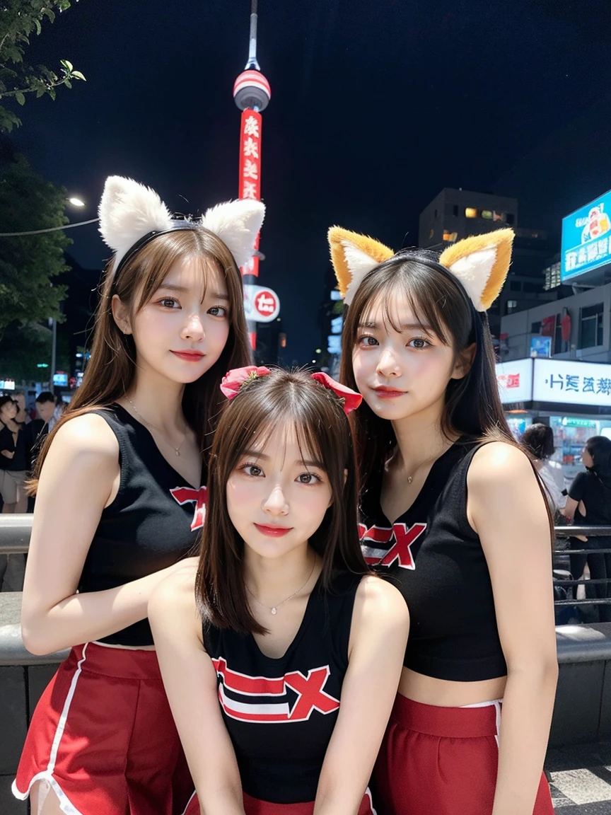 4 girls、Four Girls(cute、Random Face、Young Japanese)、Four Girlsが並びます、最high quality, masterpiece, 32K、Very detailed、Realistic、Japanese women、Cute Face, (photo Actual:1.3),Medium Hair(Blonde Hair Color、Great brown hairstyles)、Edge lighting, (Skin with attention to detail:1.2), 8k超High resolution, Single-lens reflex camera, high quality, High resolution, 4K, 8k, Optimal ratio of four fingers to one thumb, (Actual:1.3), cute 4 girls, Realistic、Super Realistic、32K、Very detailed、masterpiece, 最high quality, beautiful girl, beauty、Mecha, Beautiful lighting, (Neon Light:1.2), (night:1.5), K-Pop Idol Costumes、Sleeveless outfit、Shorts、Large Breasts(big 、There is a valley)、Swiss flag t-shirt、Red and white cheerleader skirt、Fox ears headband、Are standing、Cyber Neon、Future City、Skyscraper、都会のnight、Shanghai、big cities、night景、綺麗なnight景