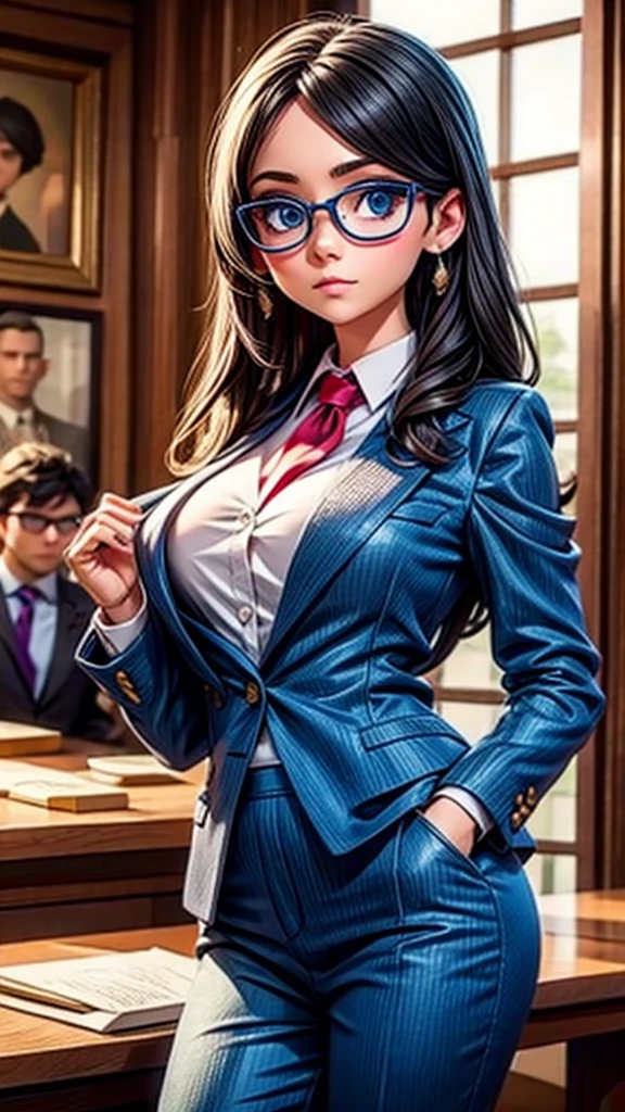 Young female lawyer、Formal suit、Glasses、Courtroom scene、Closing argument to the jury、Raising his fist and making a passionate speech