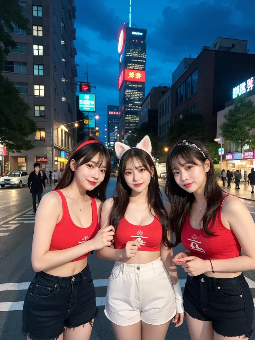 4 girls、Four Girls(cute、Random Face、Young Japanese)、Four Girlsが並びます、最high quality, masterpiece, 32K、Very detailed、Realistic、Japanese women、Cute Face, (photo Actual:1.3),Medium Hair(Blonde Hair Color、Great brown hairstyles)、Edge lighting, (Skin with attention to detail:1.2), 8k超High resolution, Single-lens reflex camera, high quality, High resolution, 4K, 8k, Optimal ratio of four fingers to one thumb, (Actual:1.3), cute 4 girls, Realistic、Super Realistic、32K、Very detailed、masterpiece, 最high quality, beautiful girl, beauty、Mecha, Beautiful lighting, (Neon Light:1.2), (night:1.5), K-Pop Idol Costumes、Sleeveless outfit、Shorts、Large Breasts(big 、There is a valley)、Swiss flag t-shirt、Red and white cheerleader skirt、Fox ears headband、Are standing、Cyber Neon、Future City、Skyscraper、都会のnight、Shanghai、big cities、night景、綺麗なnight景