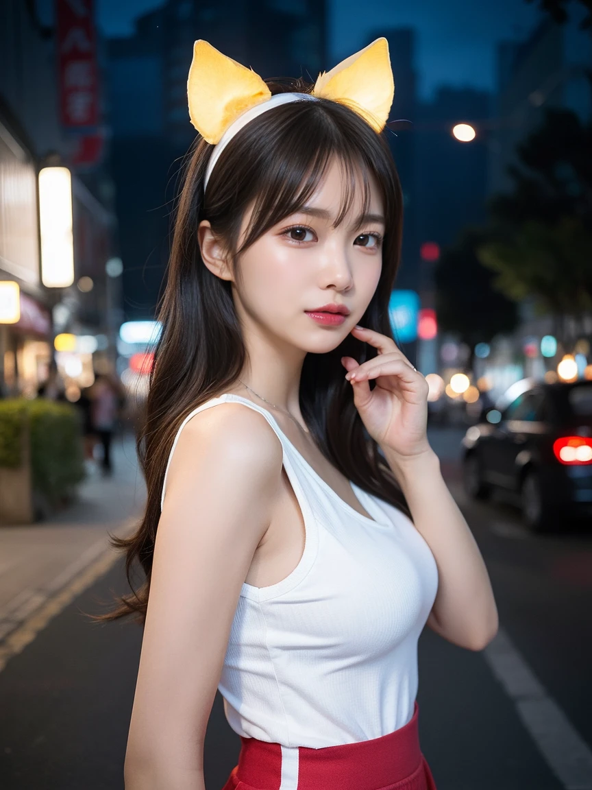 4 girls、Four Girls(cute、Random Face、Young Japanese)、Four Girlsが並びます、最high quality, masterpiece, 32K、Very detailed、Realistic、Japanese women、Cute Face, (photo Actual:1.3),Medium Hair(Blonde Hair Color、Great brown hairstyles)、Edge lighting, (Skin with attention to detail:1.2), 8k超High resolution, Single-lens reflex camera, high quality, High resolution, 4K, 8k, Optimal ratio of four fingers to one thumb, (Actual:1.3), cute 4 girls, Realistic、Super Realistic、32K、Very detailed、masterpiece, 最high quality, beautiful girl, beauty、Mecha, Beautiful lighting, (Neon Light:1.2), (night:1.5), K-Pop Idol Costumes、Sleeveless outfit、Shorts、Large Breasts(big 、There is a valley)、Swiss flag t-shirt、Red and white cheerleader skirt、Fox ears headband、Are standing、Cyber Neon、Future City、Skyscraper、都会のnight、Shanghai、big cities、night景、綺麗なnight景