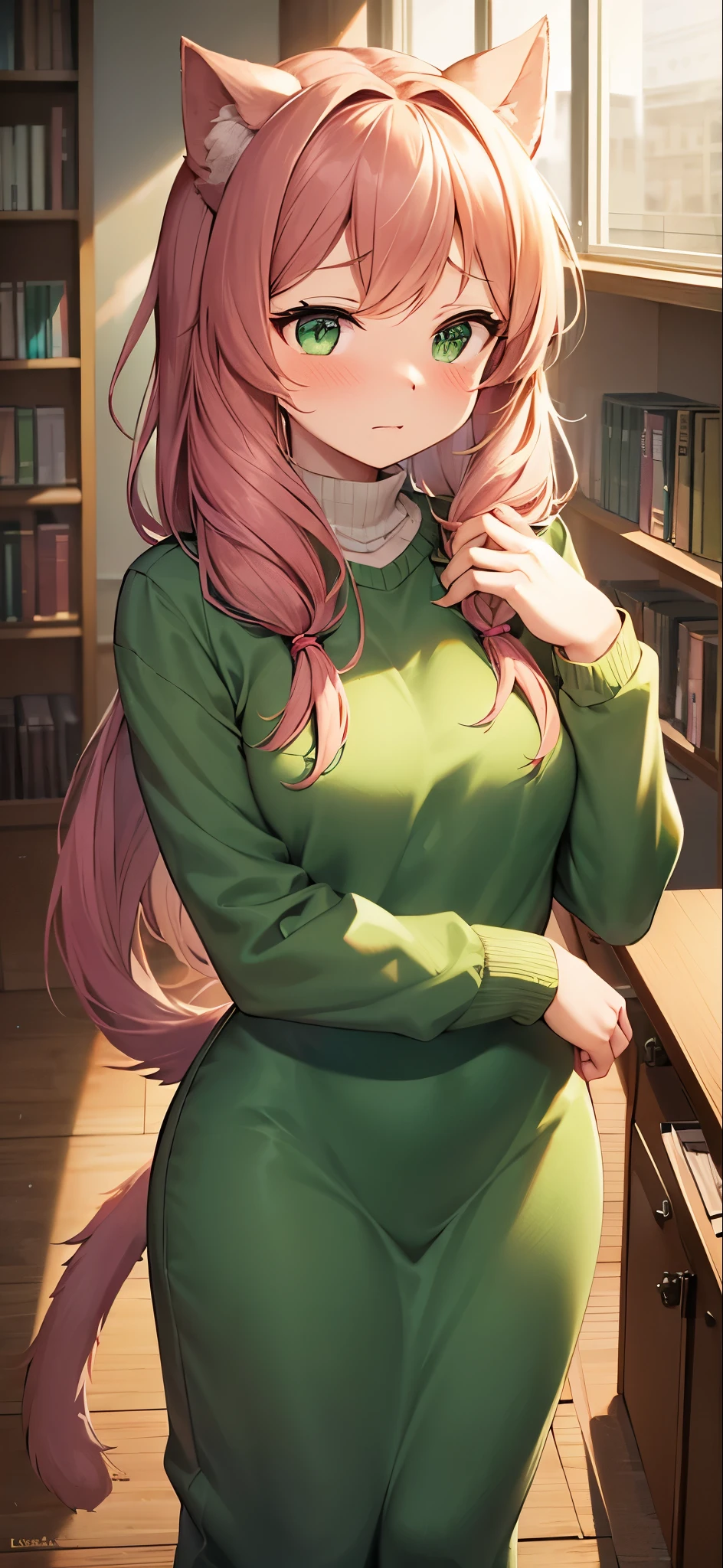A shy and blushing adult female advocate with cat-like features, wearing green clothes. She has a slightly embarrassed expression, with her cheeks tinted pink. Her posture is a mix of confidence and bashfulness, embodying a tsundere personality. She has cat-like ears that twitch slightly and her eyes convey a mix of shyness and determination. Her hair is styled neatly, complementing her overall elegant appearance. A cat's tail is visible behind her, flicking nervously. The background is a cozy indoor setting, perhaps a library or a study room, highlighting her thoughtful and introspective nature.