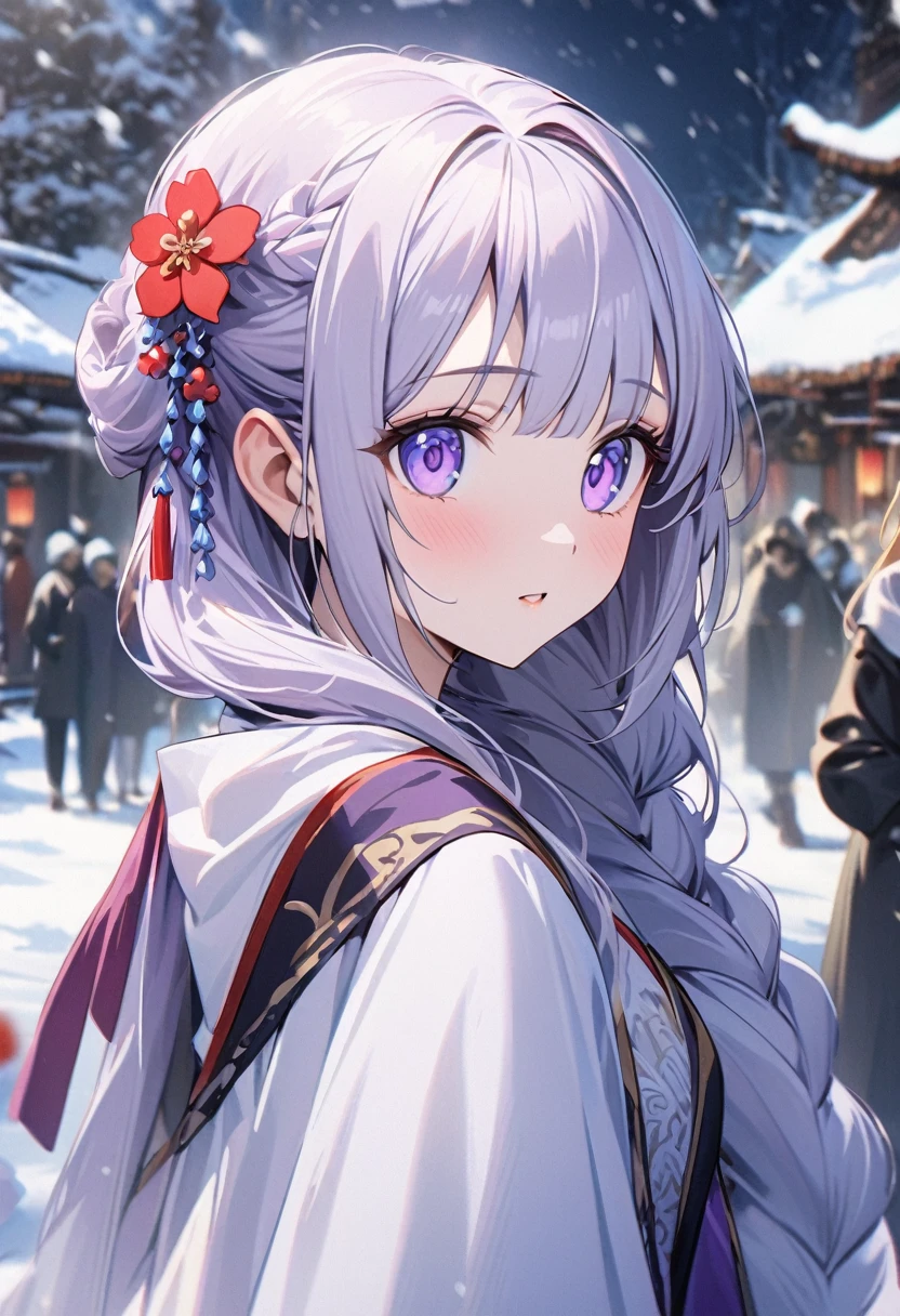Bright purple Taoist robe, Hanfu long skirt, big eyes, masterpiece absolute beauty, 1 woman, close-up. Close-up, snow scene, 4K picture quality, twisted braid, princess hairstyle princess cut, simple hair accessories, plum blossoms, people can't forget the beauty when they see it
