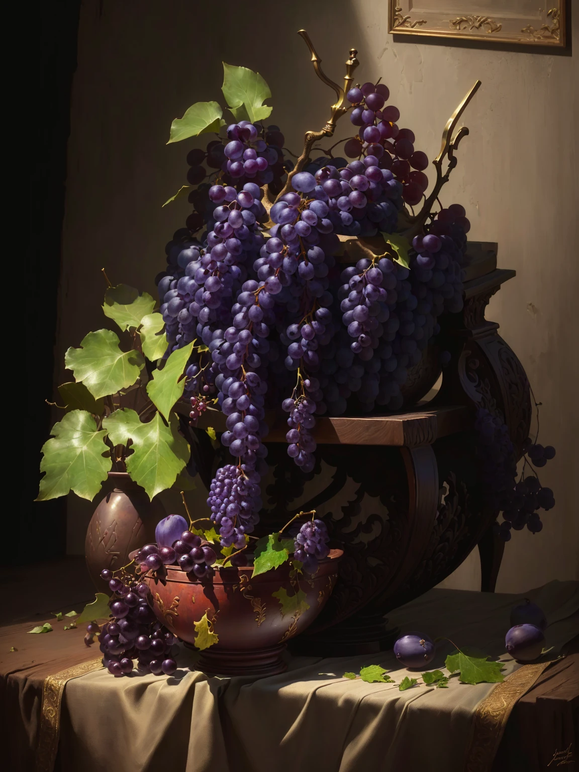 there is a bowl of Grape on a table with a leaf, renaissance Bodegon, still life photography, Grape, photorealistic oil painting, by John LaGatta, by László Balogh, photorealistic digital painting, 8k HD detailed oil painting., by Konrad Grob, Bodegon, Lt. Alexander Kucharsky, photorealistic painting