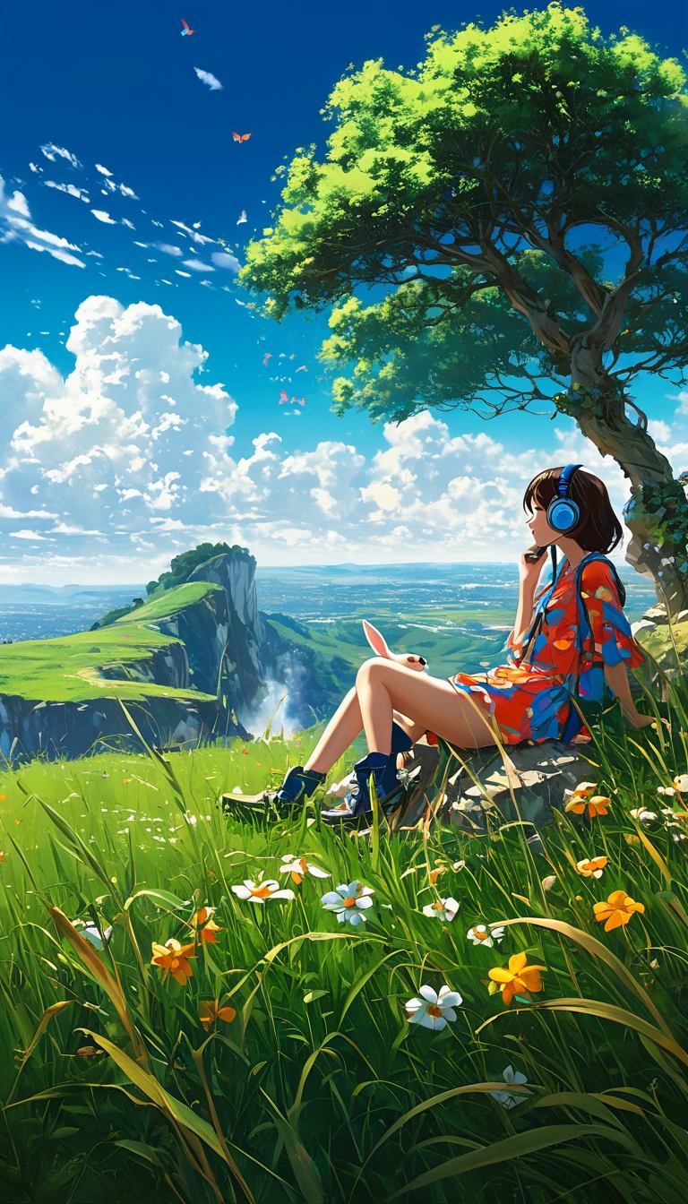 a girl sitting under a tree near a cliff in a meadow , seeing a vast blue sky with fluffy clouds and brush strokes , tall grasses stones, , makoto shinkai cyril rolando, anime art wallpaper 4k, anime art wallpaper 4k, animated background, anime art wallpaper 8K, animated background art, Anime Landscape Wallpaper, amazing wallpaper, HD wallpaper, 4k anime wallpaper, 4k anime wallpaper, Aries Moross art,art by Bob Byerley , AshleyWoodArtAI, greg rutkowski, flower, very colourful, flower velly, rabbit near the girl, girl listening music using by headphone
