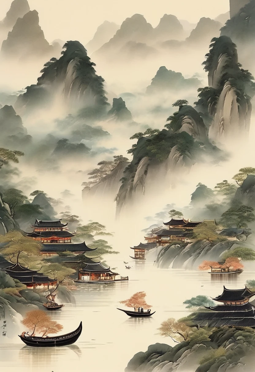 asian landscape with trees and boats, in the style of ethereal imagery, animated gifs, white and gray, serene and peaceful ambiance, mountainous vistas, serene faces, mist