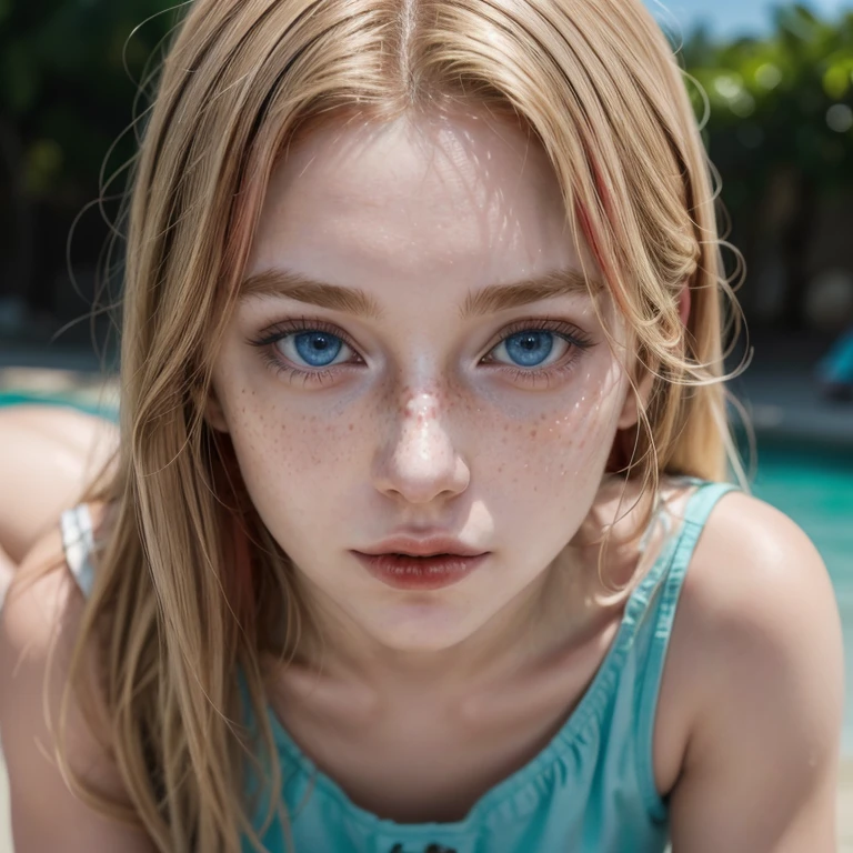 beautiful detailed eyes, beautiful detailed lips, extremely detailed eyes and face, long eyelashes, 1girl, realistic, photorealistic, photo-realistic:1.37, best quality, 8k, highres, masterpiece:1.2, ultra-detailed, beach, blonde hair, bright blue eyes, shorts, sleeveless, abdomen, full body, wide, afternoon, sun, fair skin, vibrant colors, cinematic lighting