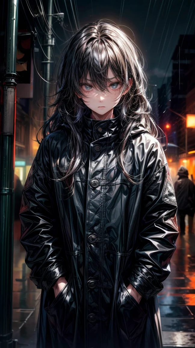 1(boy),(black)long hair,of the night city,rain,coat,Hands in pockets,Always very lazy,(world-weariness),There is it in the hair(White)(Different hair types)of(Highlights),Turn your face slightly,(mystery),I am the only one