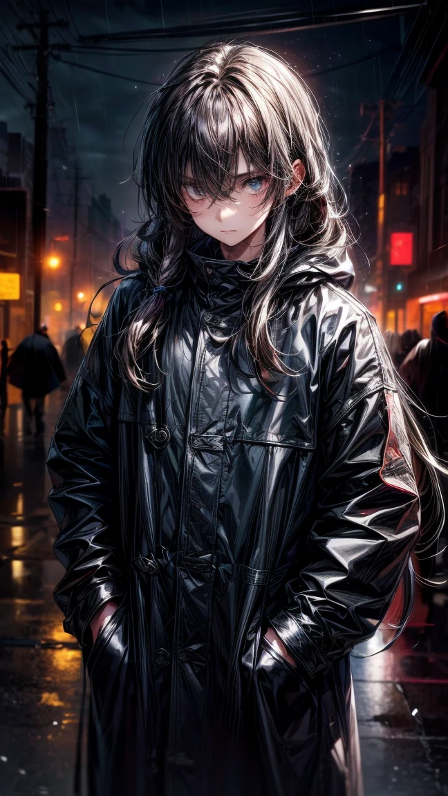 1(boy),(black)long hair,of the night city,rain,coat,Hands in pockets,Always very lazy,(world-weariness),There is it in the hair(White)(Different hair types)of(Highlights),Turn your face slightly,(mystery),I am the only one