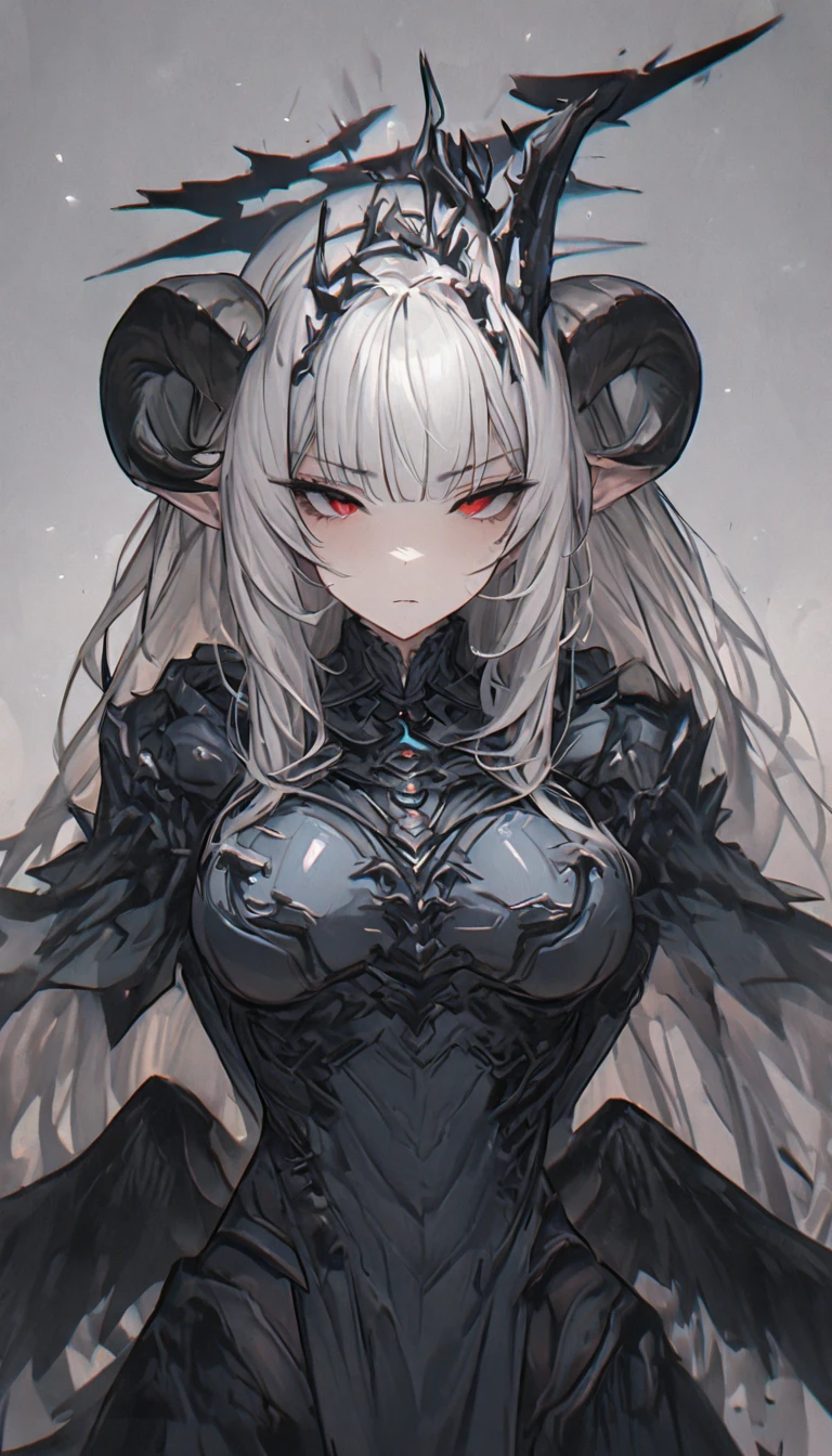 master piece, best quality, ultra detailed, ultra hires, 8K, A female knight in an armored dress, Black halo above head, black goat horns on head, black dragon tail growing, large black wings on back, White hair, intake hairstyle, blunt bangs, long hair, disgruntled expression, heterochromia, red eyes, narrowed eyes, slightly pointed ears, Athletic, toned body, medium breasts