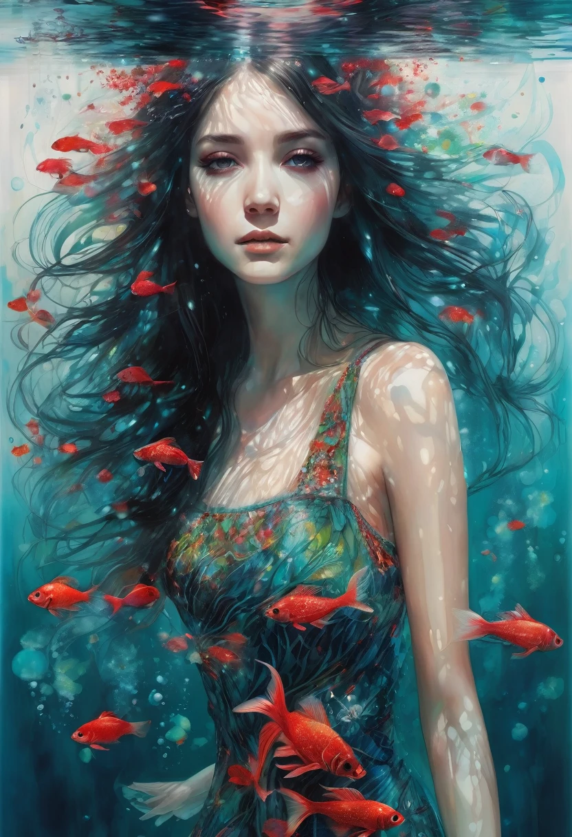 19 year old gorgeous model girl, under the water, stands at the bottom of the lake, glass flower dress, ornaments black and red, glass transparent fish swim, glass algae,Long hair fluttering, complex drawing,very detailed bright, masterpiece, high quality, a high resolution, high detail, photorealism, intricate details, Accurate linearity, acrylic paint, airbrush, ( artist Anna Dittmann, art by Carne Griffiths, artist Conrad Roset)
